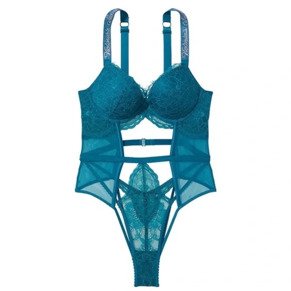 New! Victorias Secret Very Sexy Push-up Cutout Lace Teddy in Teal 31649 - Picture 1 of 13